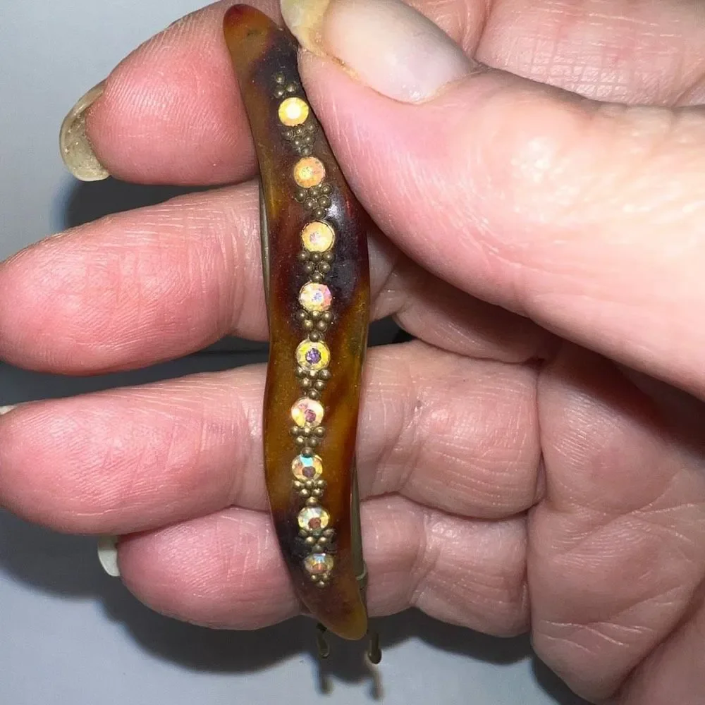 Vintage French Made Tortoise Shell With Crystal Inlay Hair Barrette